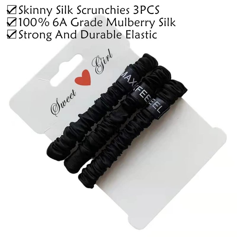 MAXFEEL 100% Pure Muberry Silk Hair Scrunchie Small Silk Scrunchy Skinny Hair Ties No Damage Elastic Scrunchies Holder For Breakage Prevention Black 3 Pack - Image 2